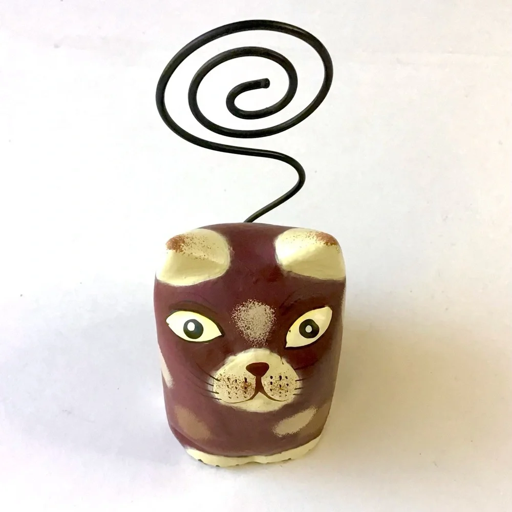 Pier 1 Cat Tail Photo Card Note Holder Whimsical Kitty Folk Art Painted Wood